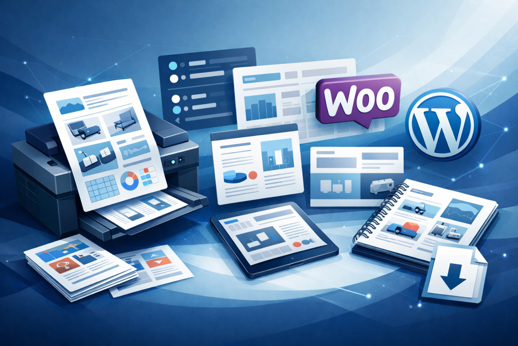 Nowoczesny katalog produktów WooCommerce prezentowany jako dokument PDF