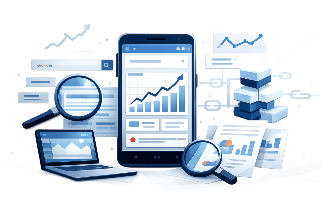 Nowoczesny smartfon z abstrakcyjnym widokiem responsywnej strony internetowej i elementami analityki SEO