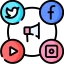 Ikona mediów społecznościowych: Twitter, Facebook, Instagram, YouTube, głośnik.